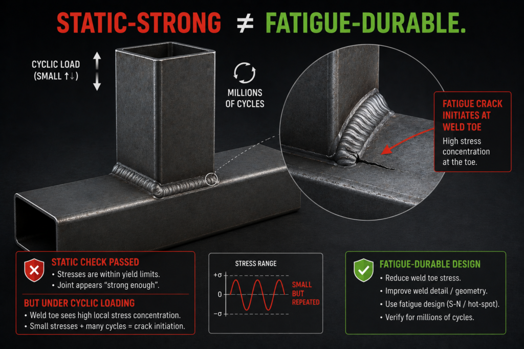 Welded tube joint under small cyclic loads, with a fatigue crack starting at the weld toe although the static check passed