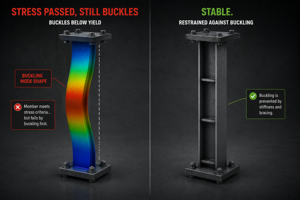 Steel column that passes the stress check but buckles below yield, beside a braced column restrained against buckling