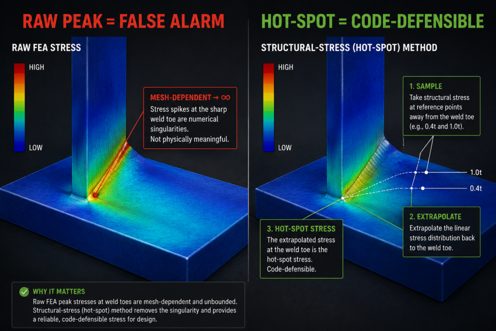FEA stress plots of a welded joint: a raw mesh-dependent peak at the weld toe, beside the hot-spot method extrapolating stress from reference points