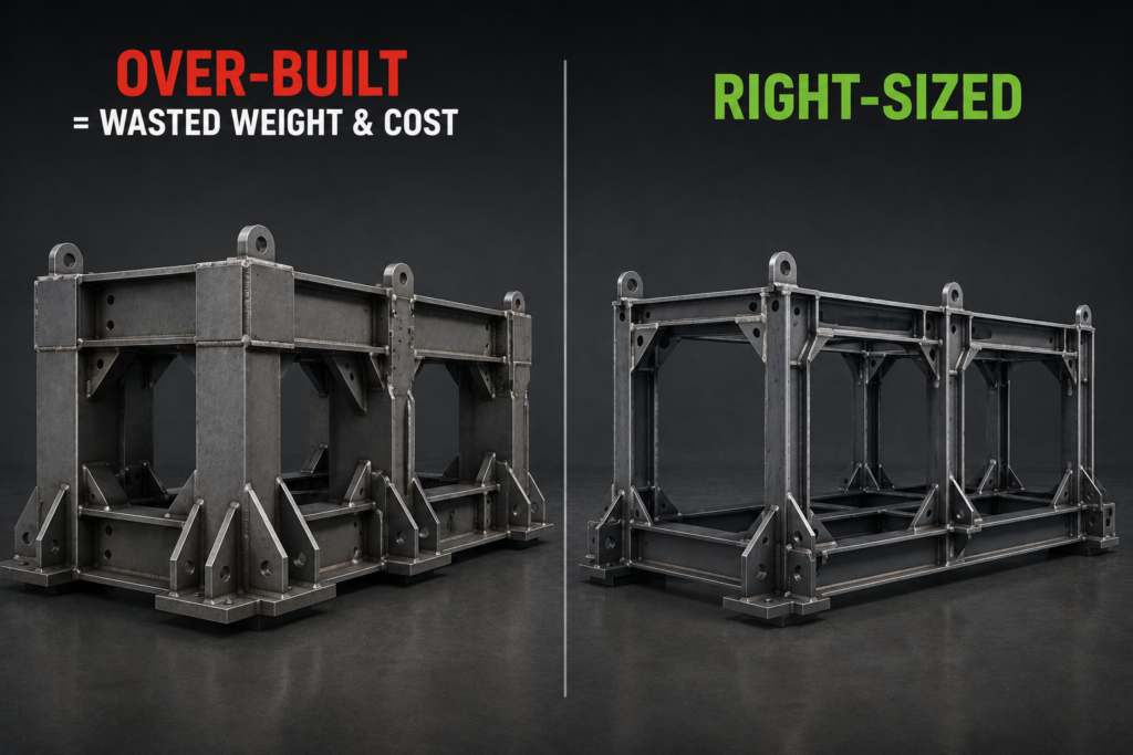 Two welded steel frames: an over-built frame with heavy members, beside a lighter right-sized frame