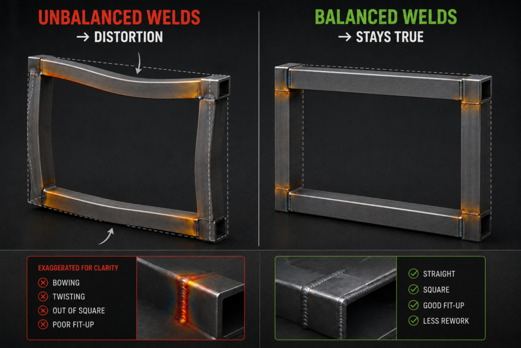 Welded rectangular steel frame bowed and twisted by unbalanced welds, beside a frame with balanced welds that stays straight and square