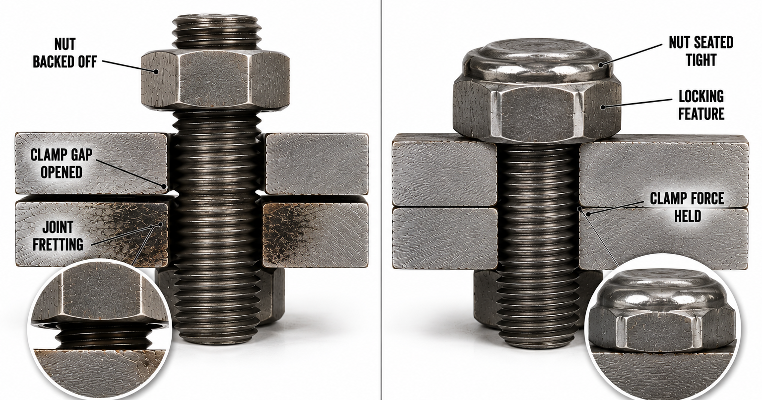 High strength steel hex bolt and nut with machined threads illustrating bolt failure analysis, preload, fatigue and fastening engineering.