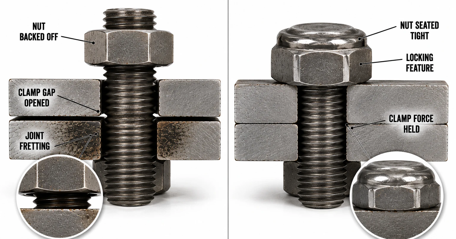 High strength steel hex bolt and nut with machined threads illustrating bolt failure analysis, preload, fatigue and fastening engineering.