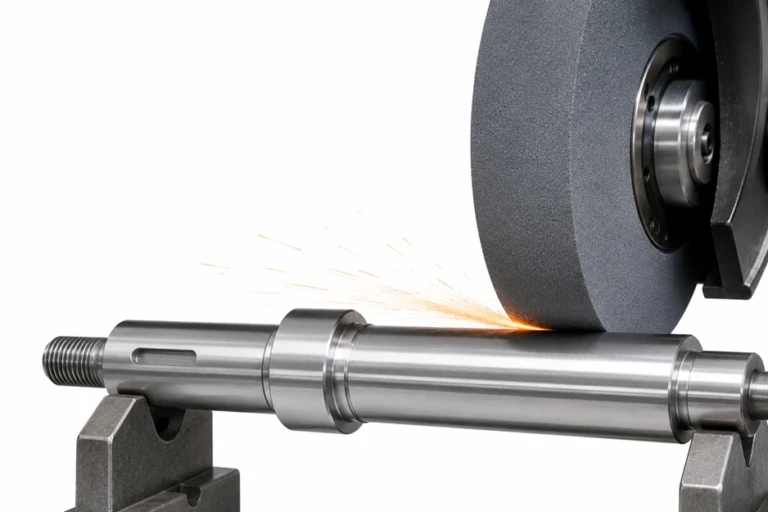Steel shaft being ground on a grinding wheel with sparks flying