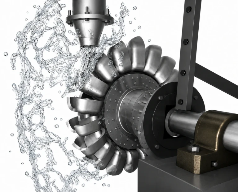 Machined stainless steel Pelton turbine runner with a water jet striking the bucket splitter, illustrating Pelton turbine mechanical design and hydraulic energy conversion.