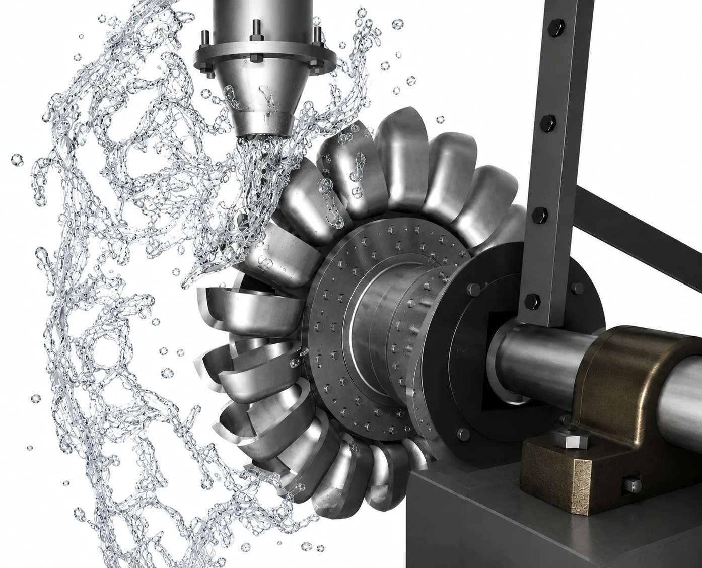Machined stainless steel Pelton turbine runner with a water jet striking the bucket splitter, illustrating Pelton turbine mechanical design and hydraulic energy conversion.
