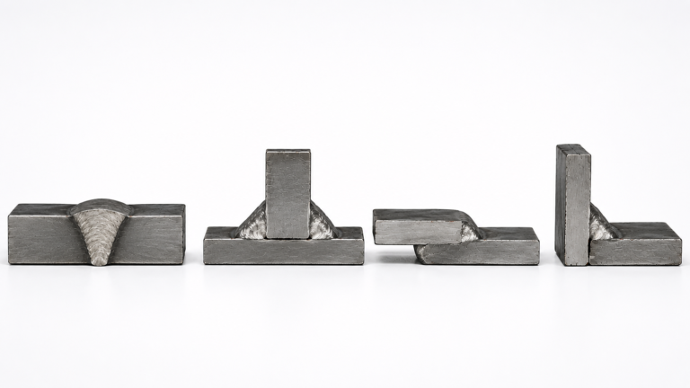 Cut and polished steel weld joint cross sections showing butt joint, tee joint, lap joint and corner joint used to explain common weld joint types in structural engineering.
