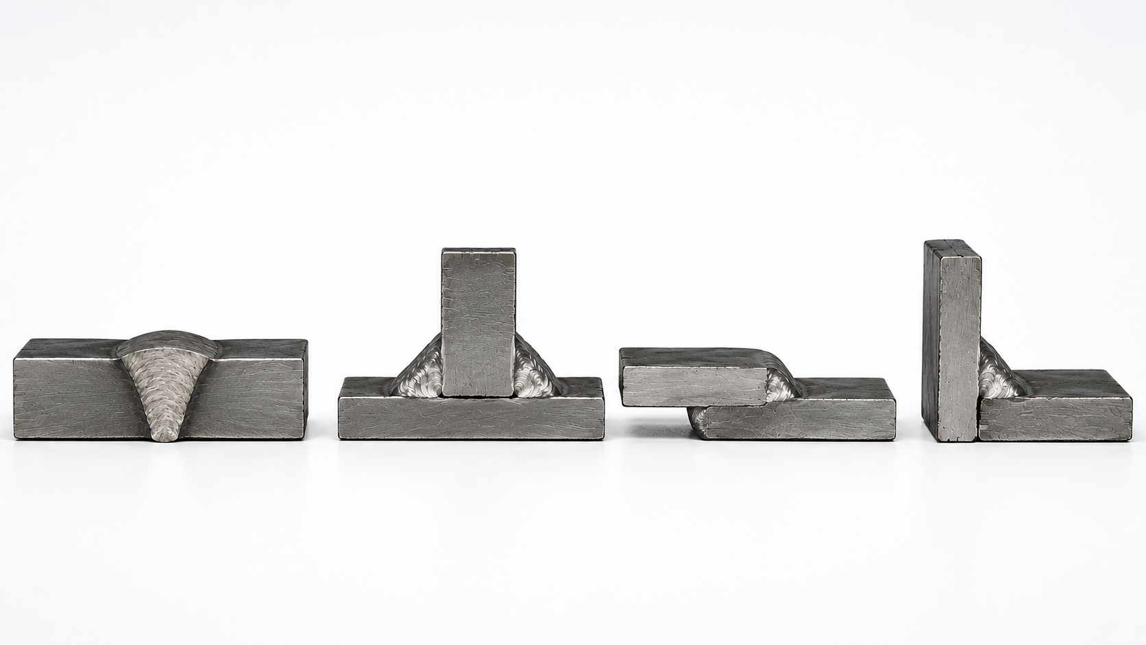Cut and polished steel weld joint cross sections showing butt joint, tee joint, lap joint and corner joint used to explain common weld joint types in structural engineering.