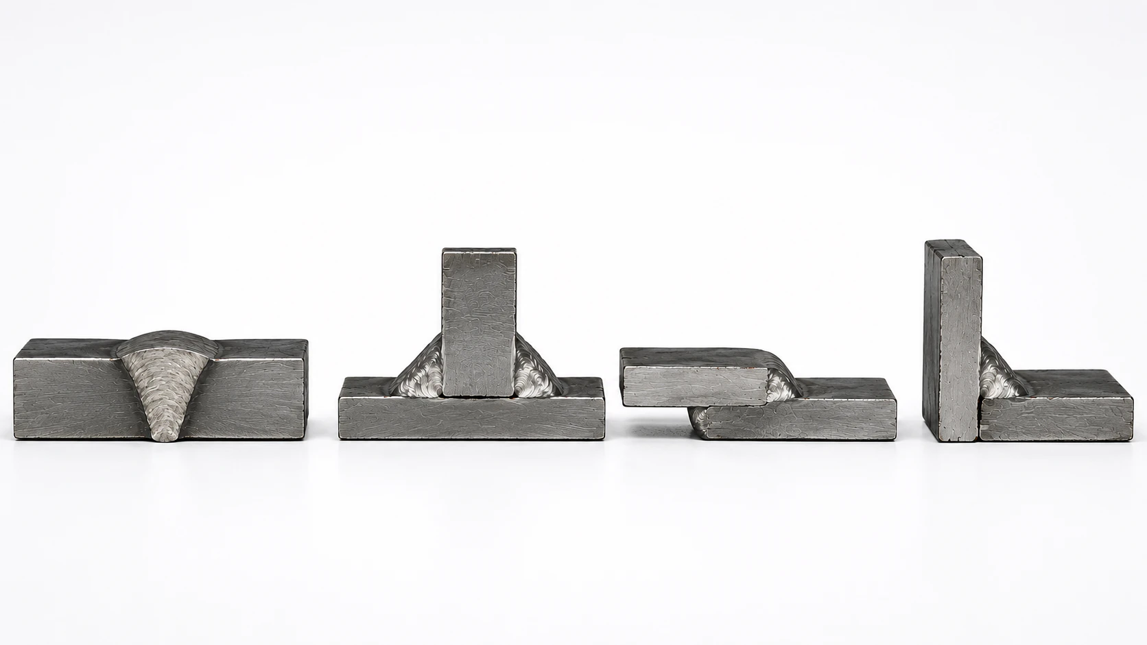 Cut and polished steel weld joint cross sections showing butt joint, tee joint, lap joint and corner joint used to explain common weld joint types in structural engineering.