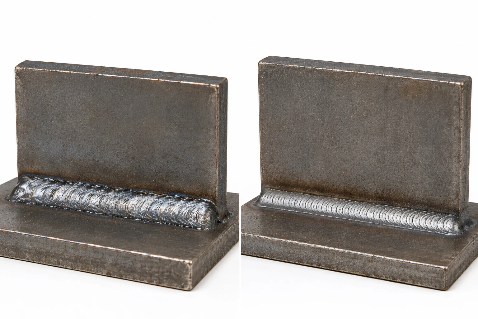 Steel welded T joint with a fillet weld bead showing the weld toe and ripple pattern, illustrating welding failure analysis and weld quality inspection.