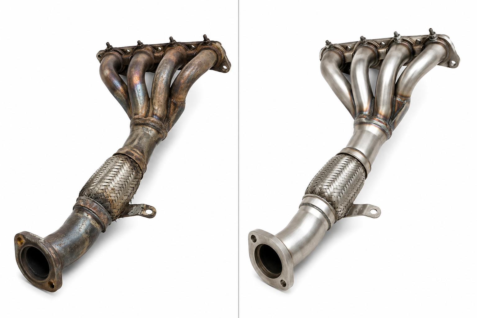 Automotive exhaust manifold, downpipe and braided stainless flex joint illustrating exhaust system design, thermal expansion and common failure mechanisms.