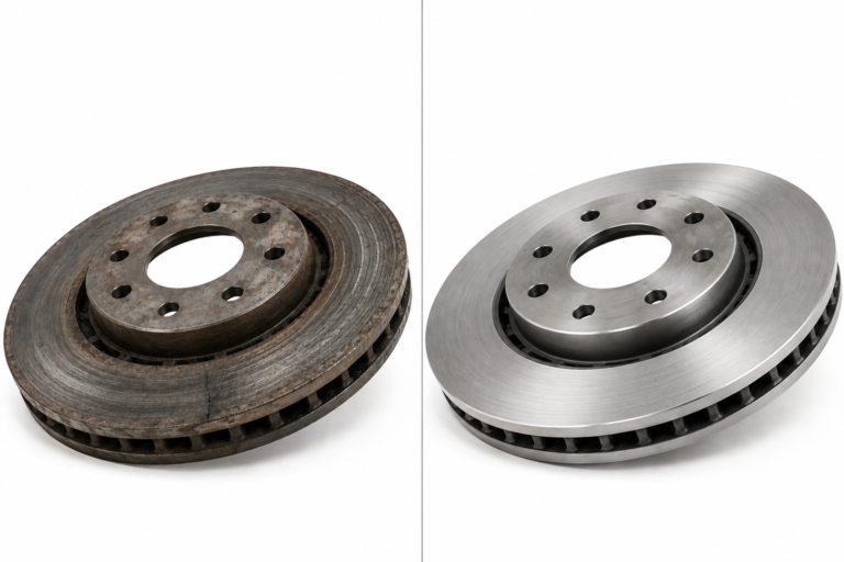 Vented cast iron brake disc showing the machined friction surface and internal cooling vanes used to explain brake rotor failure analysis and thermal design.