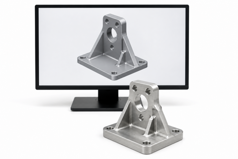 CAD design vs real world engineering showing a 3D CAD bracket on screen and the corresponding real machined metal bracket