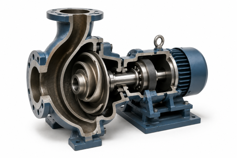 Centrifugal pump failure analysis showing a cutaway pump with impeller, volute casing, shaft, seal and bearing assembly