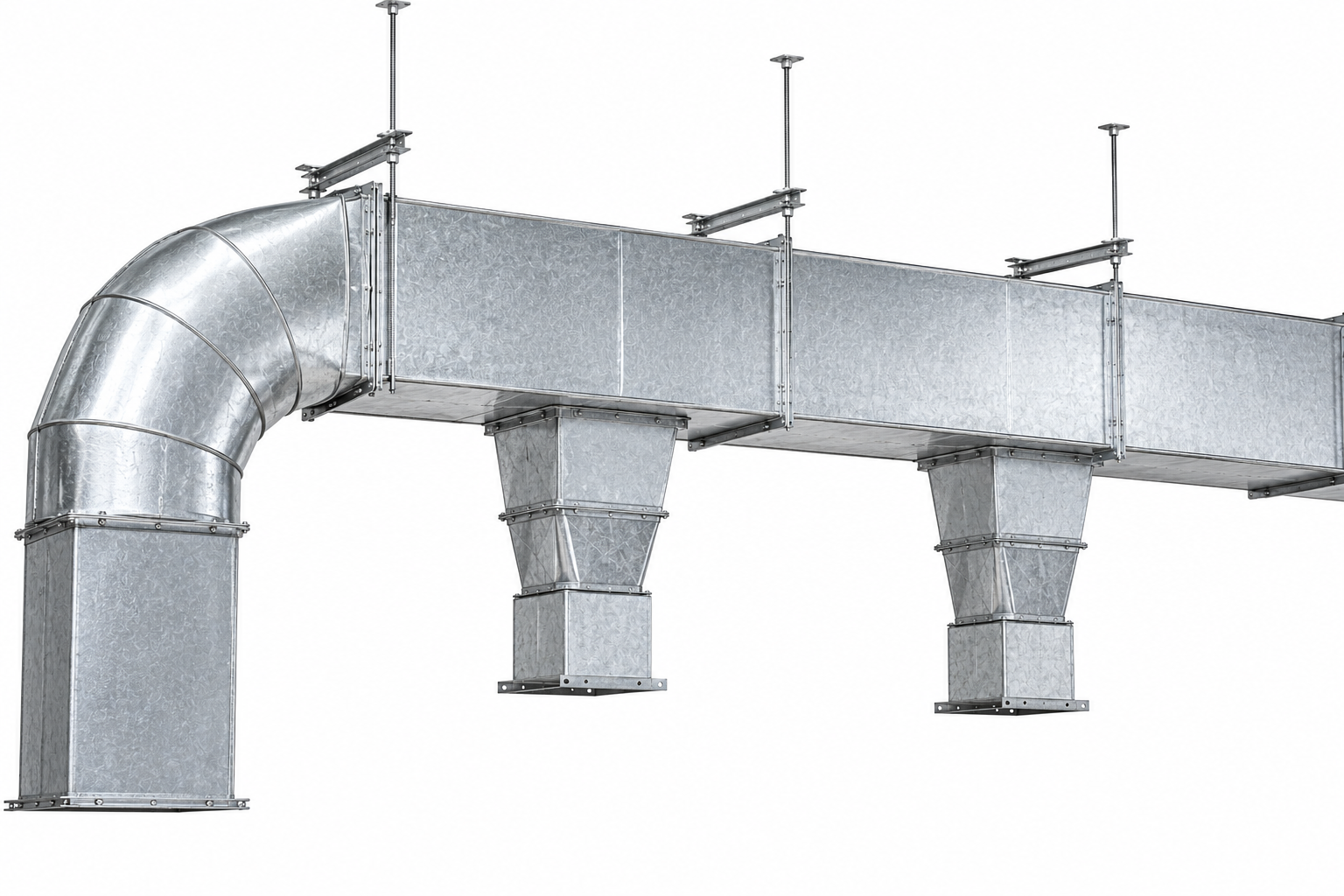 Galvanized HVAC ductwork with a radiused elbow and branch takeoffs illustrating airflow, duct design and air distribution in ventilation systems.