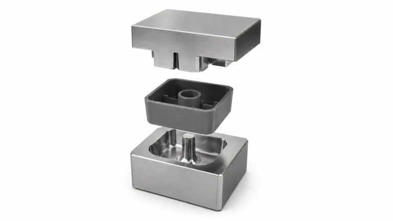 Injection molding design showing a molded plastic housing with runner, gate and sprue beside a steel mold cavity