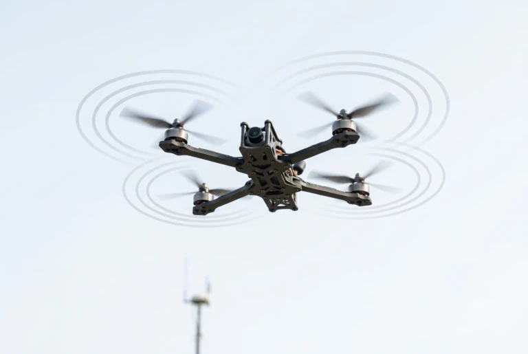 Modern counter-drone detection tower with radar panel, EO IR camera gimbal, and acoustic microphone array.