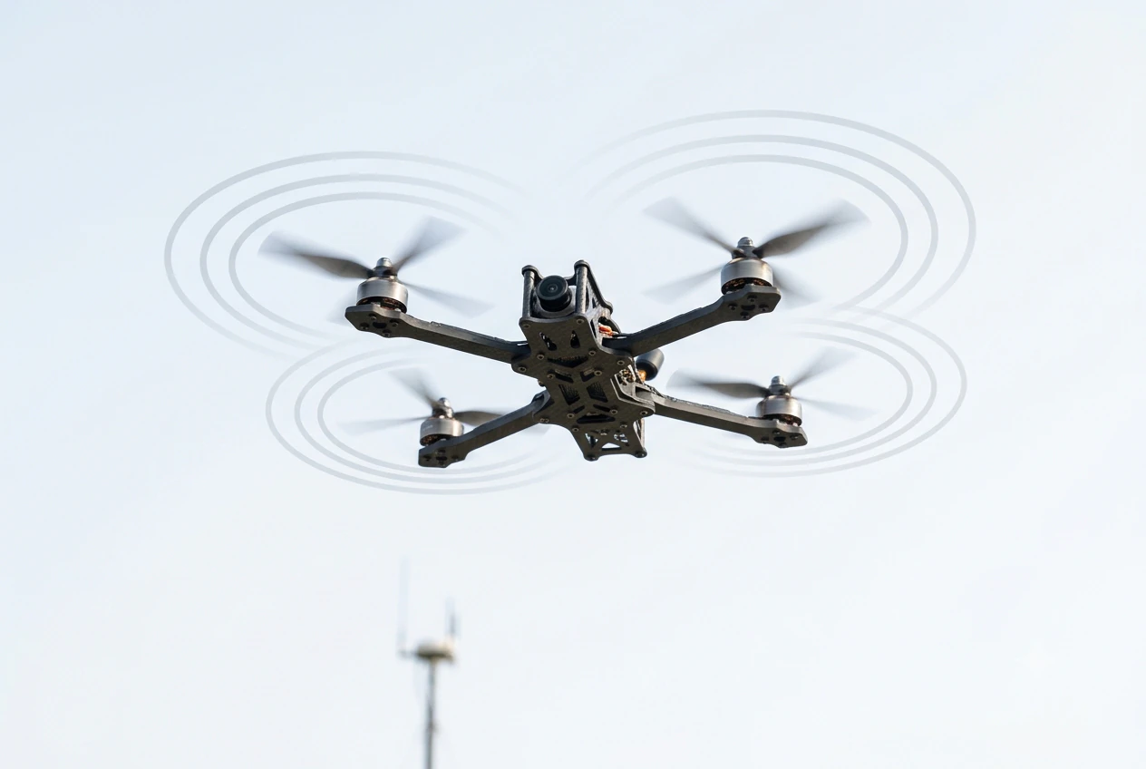 Modern counter-drone detection tower with radar panel, EO IR camera gimbal, and acoustic microphone array.