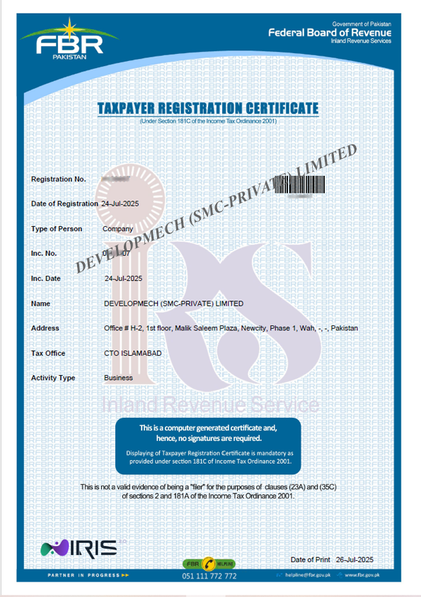Scanned FBR taxpayer registration certificate